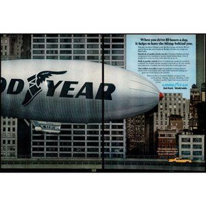 1981 Goodyear Tires Blimp 2 Page Vintage Print Ad Downtown Taxi Cab Wall Art